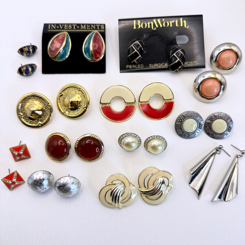 Vintage 80s 90s Earring Lot 13 Pairs Enamel Geometric Gold‎ Silver Tone BonWorth